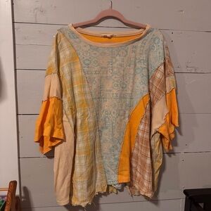 Patchwork Oversized Top in Orange and Blue